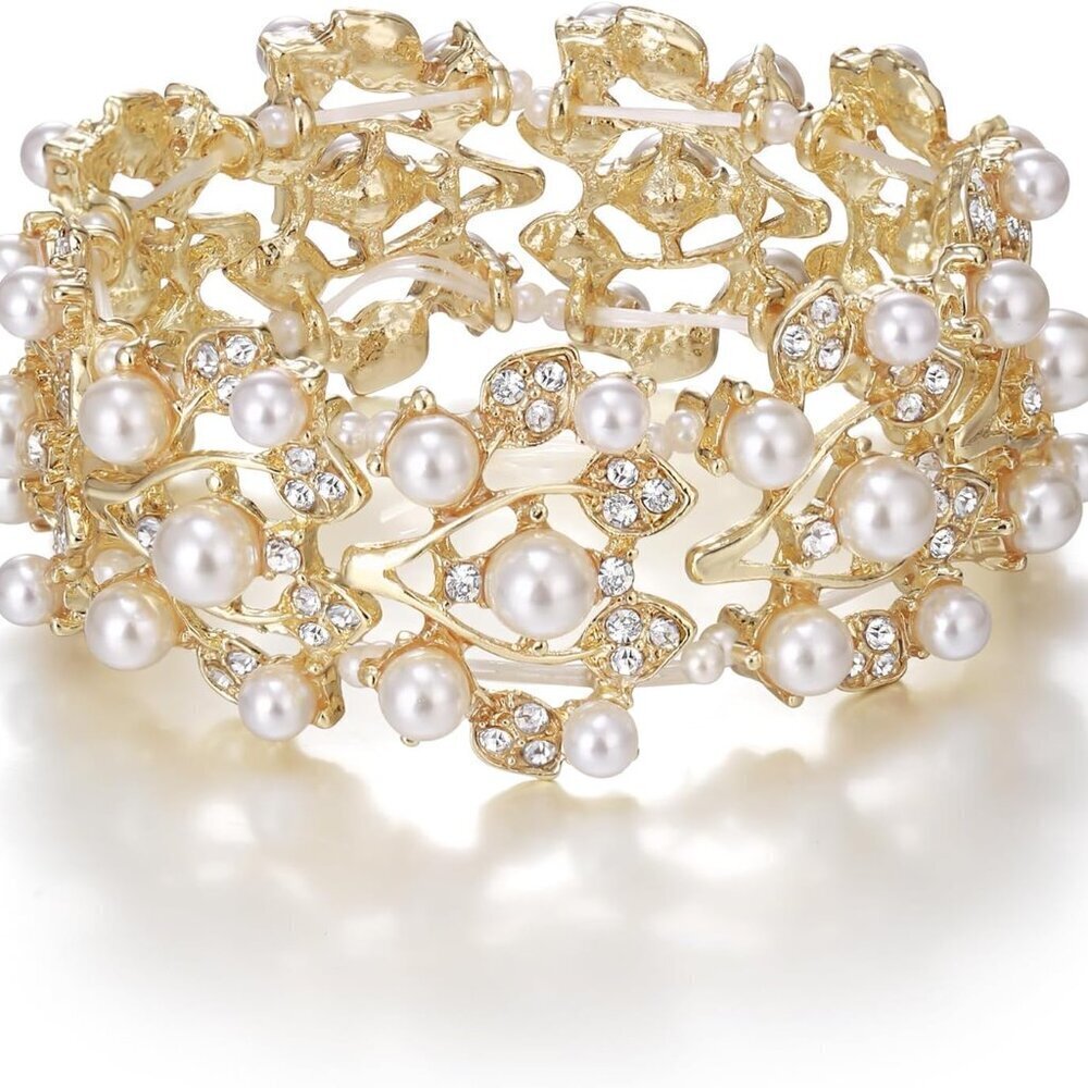 Crystal and Faux Pearl Leaf Stretch Bracelet Women Elegant Formal Wedding